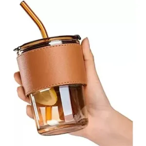 400ml glass coffee mug with leather strap and white glass straw