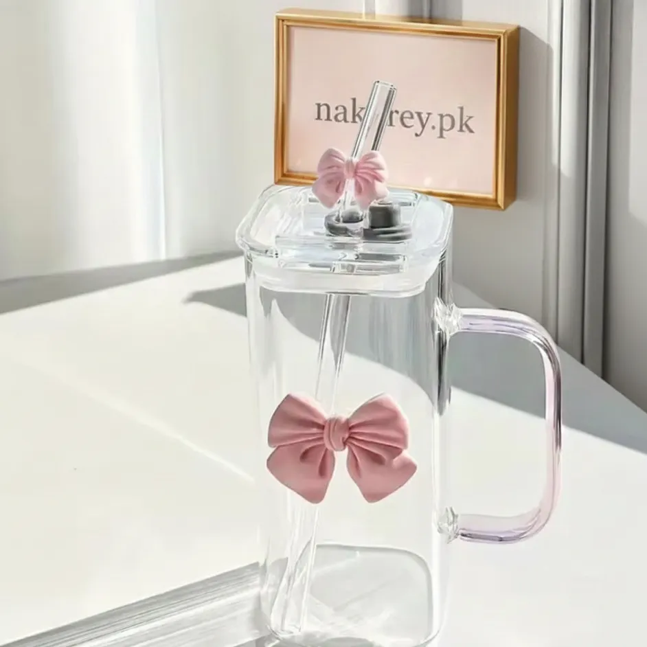 Cute Glass Cup With Lid and Bow
