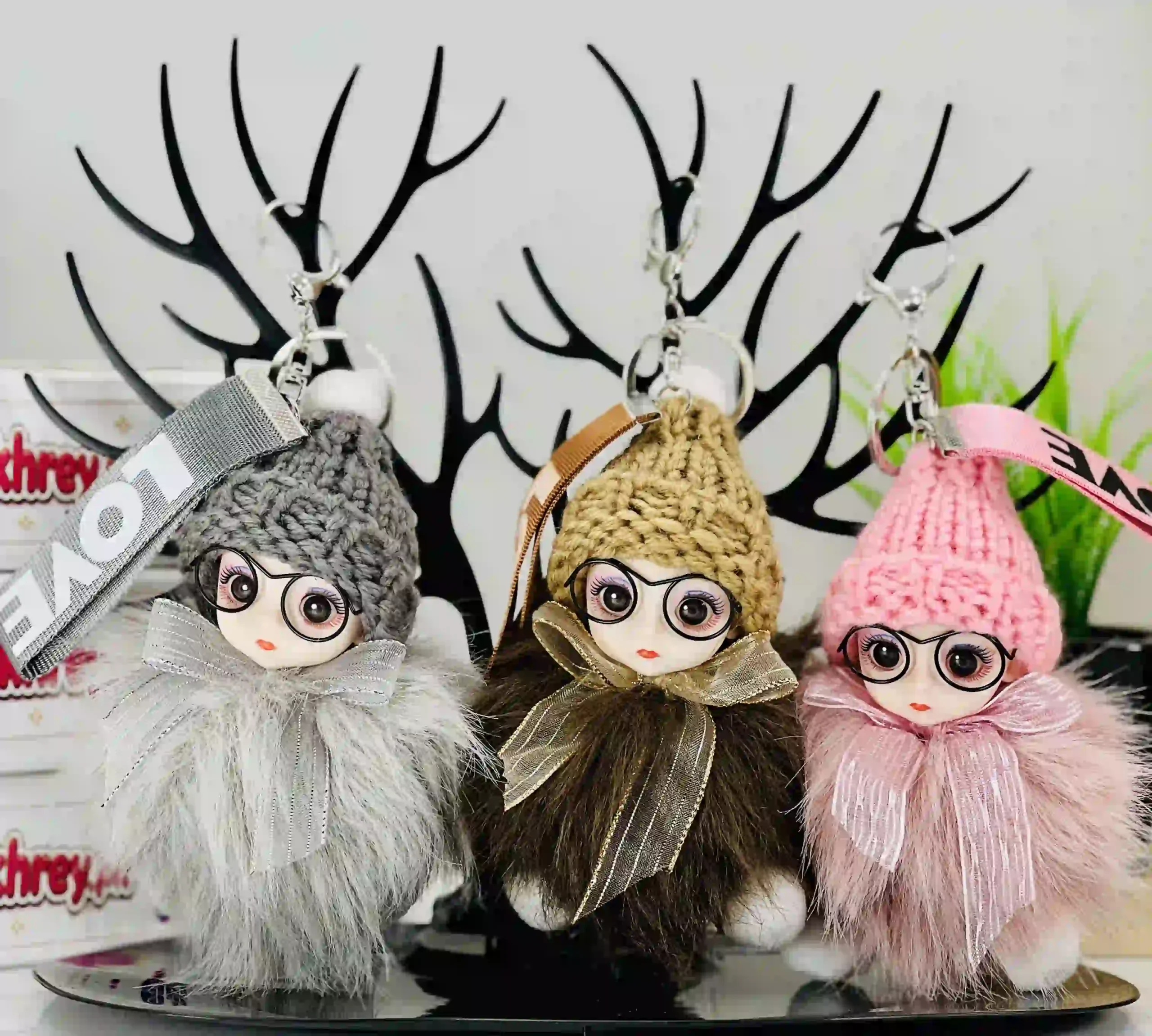 Fluffy Plush Doll With Glasses Bag Charm & Keychain