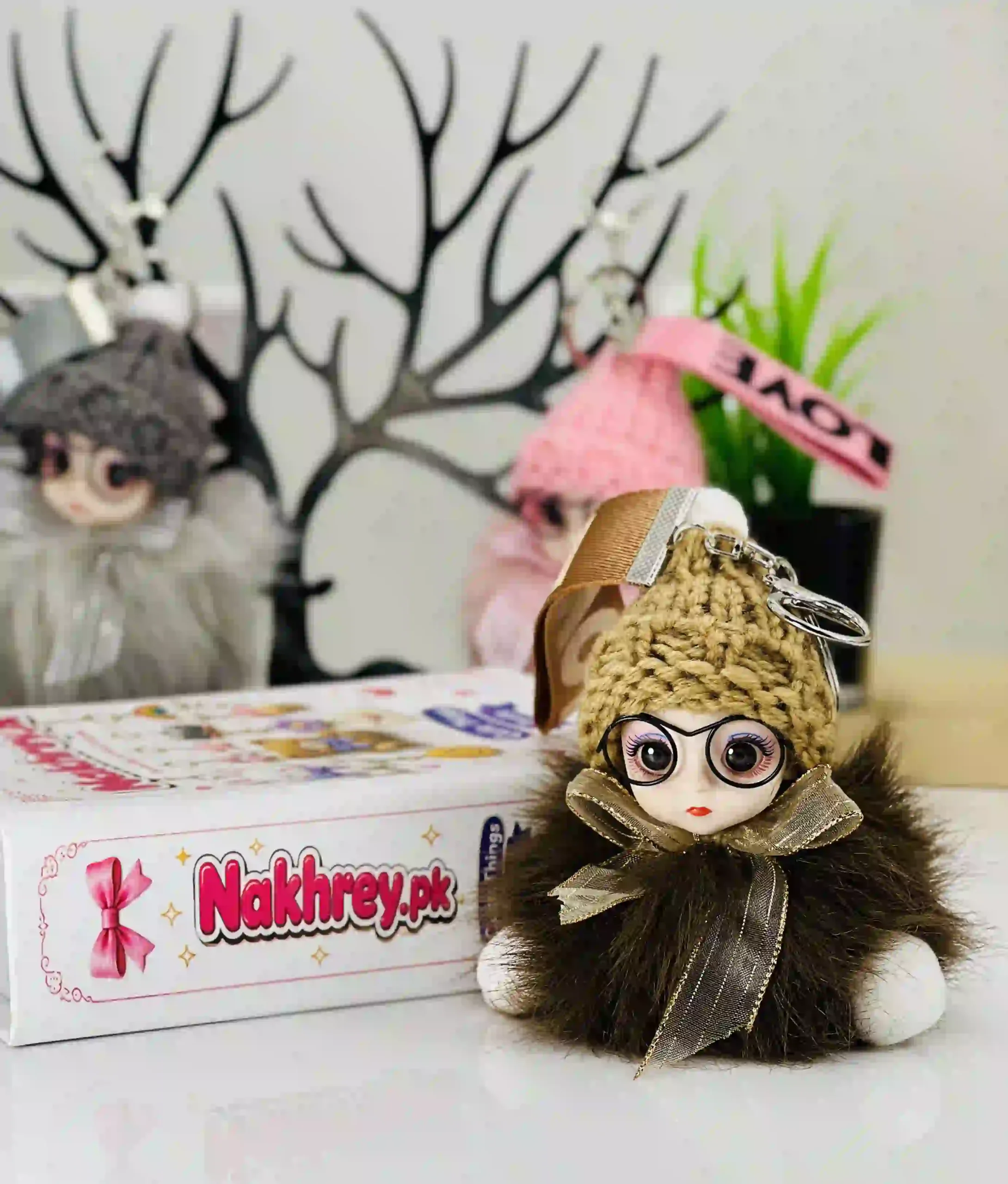 Fluffy Plush Doll With Glasses Bag Charm & Keychain