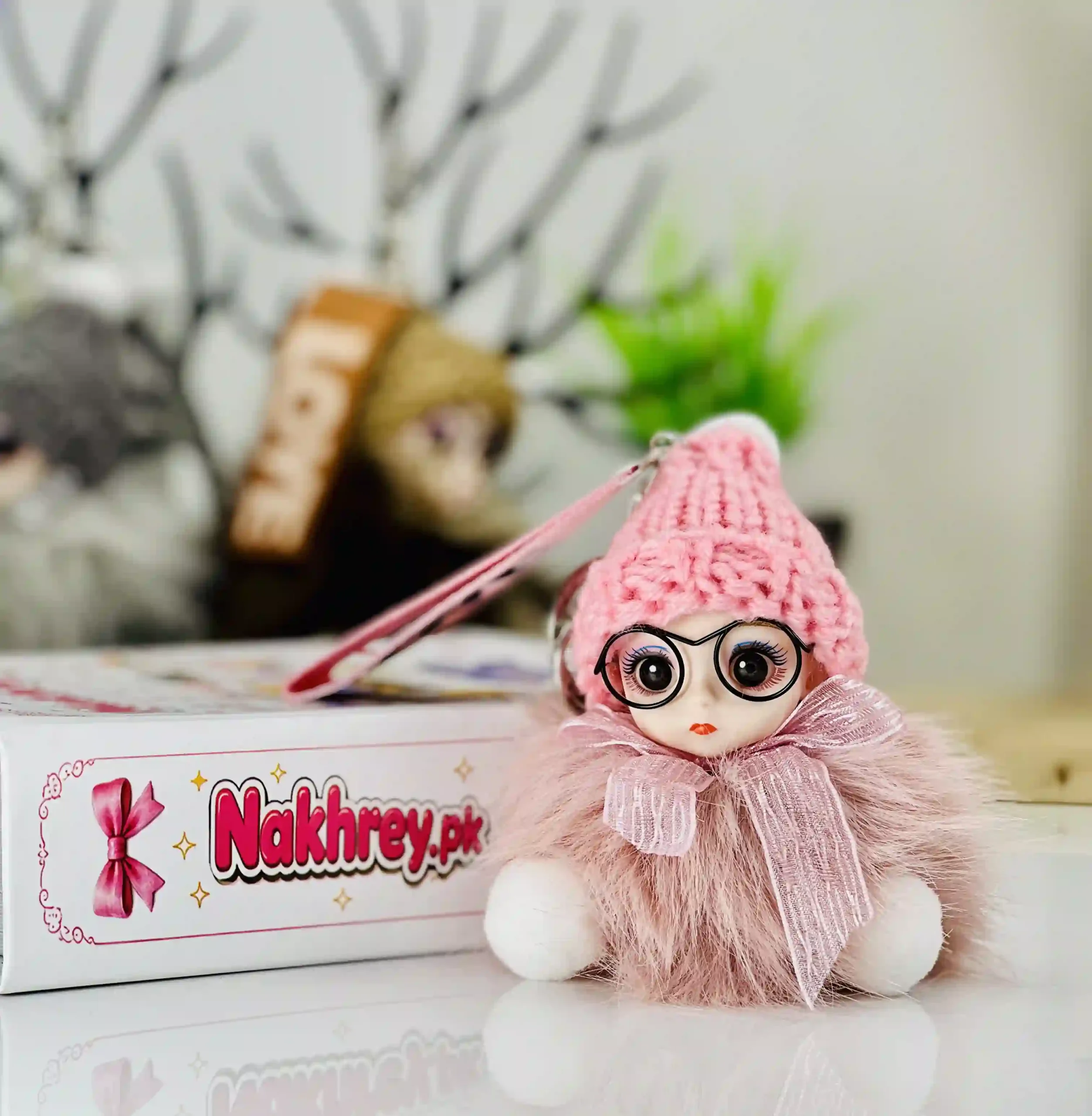 Fluffy Plush Doll With Glasses Bag Charm & Keychain