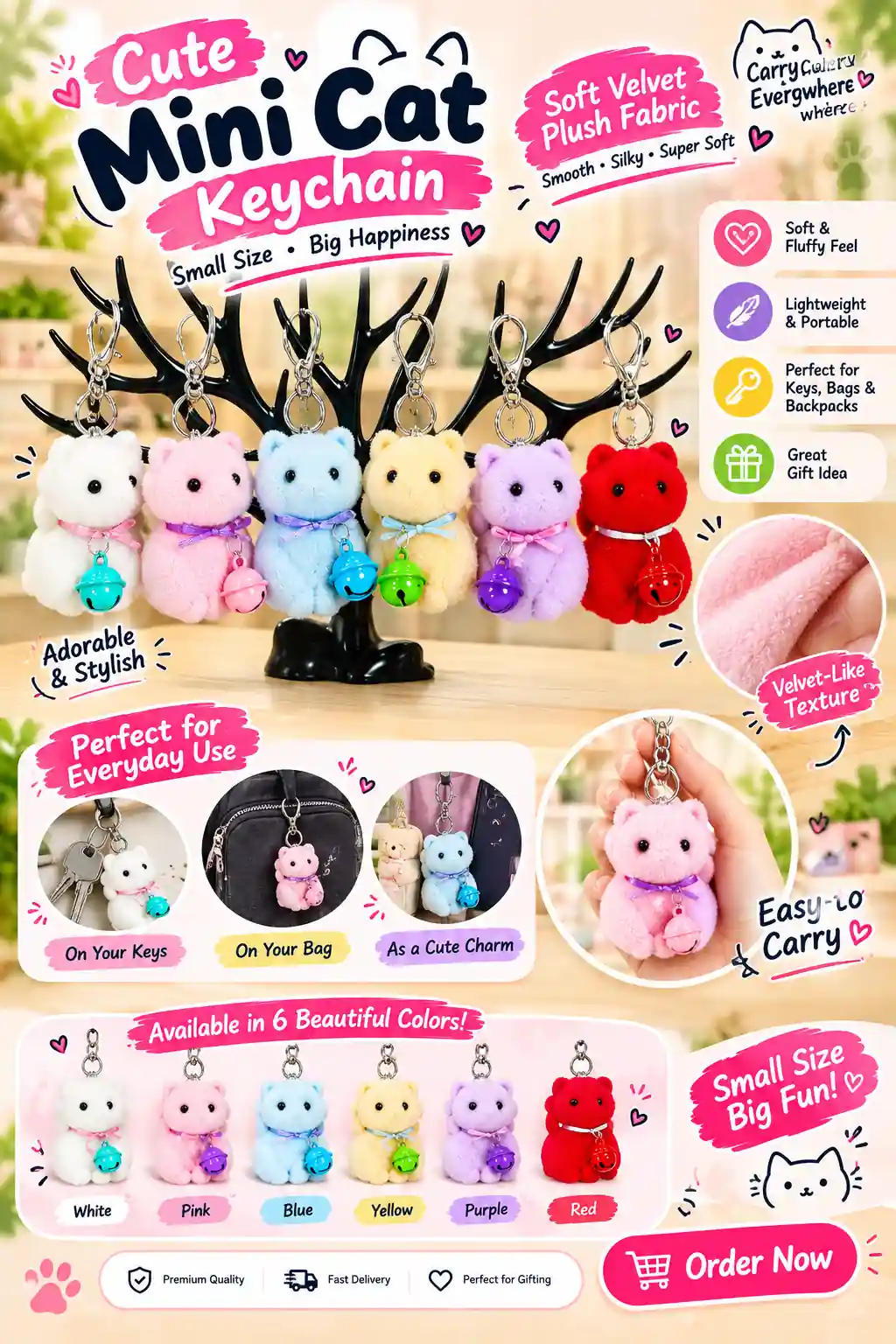 Fluffy Velvet Cat With Bell Bag Charm & Keychain