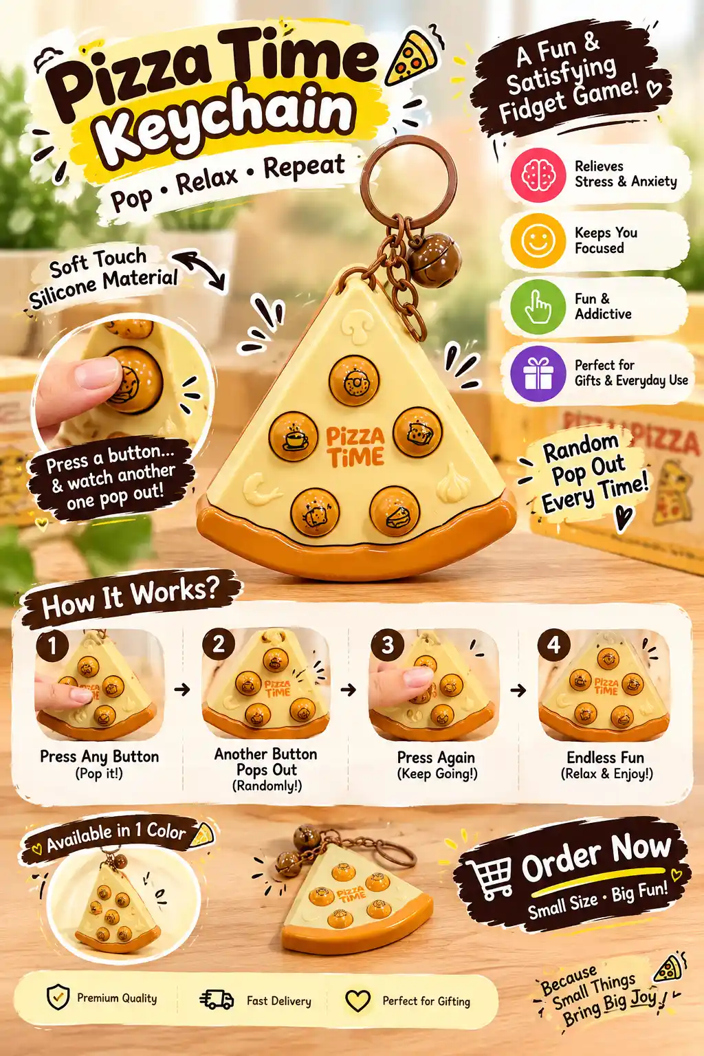 Pizza Time Fidget Pop-It Game Keychain
