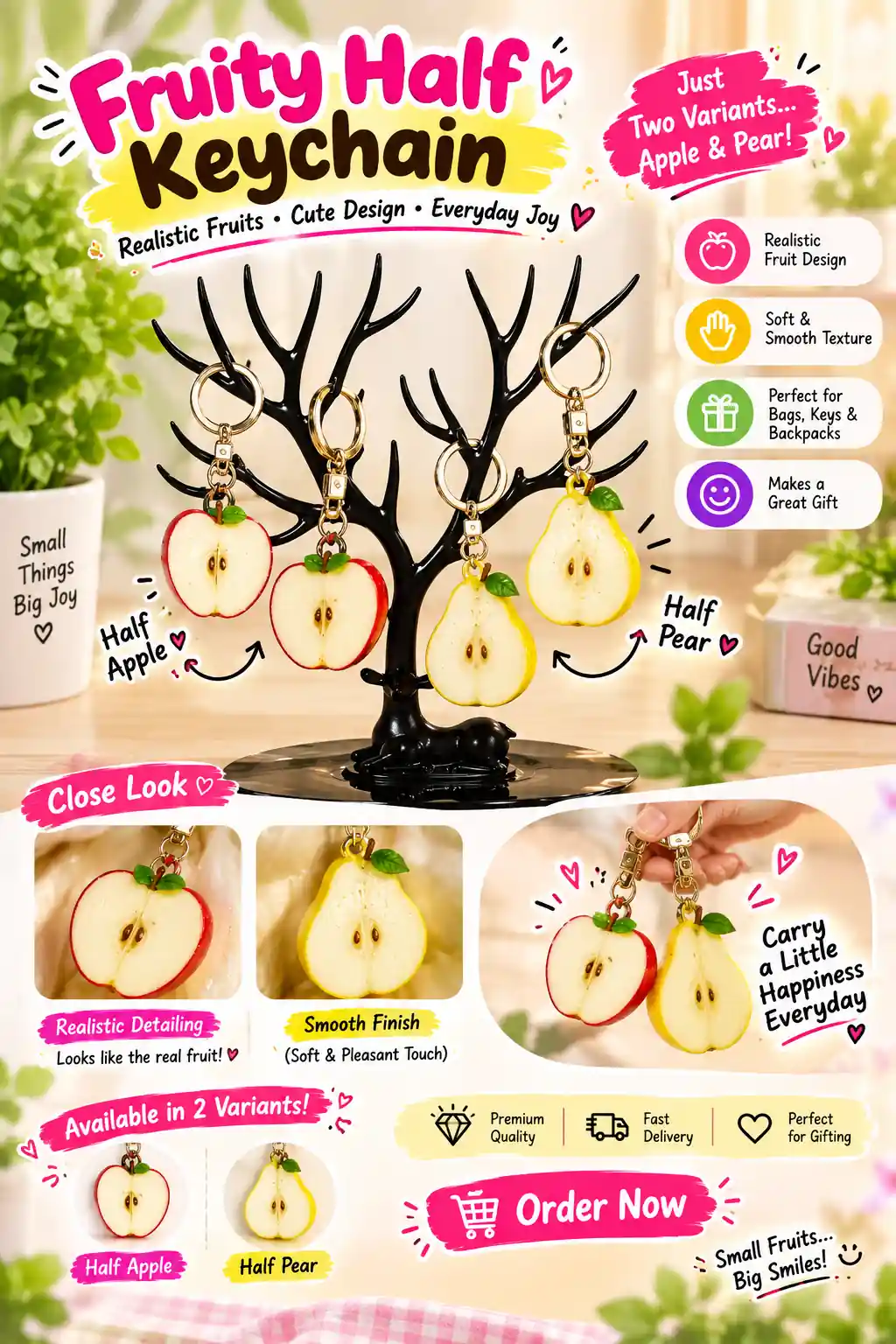 mini Fruity Half Keychain – Realistic Apple & Pear Bag Charm