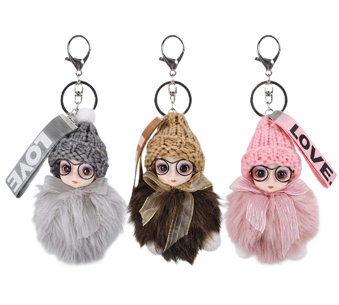Fluffy Plush Doll With Glasses Bag Charm & Keychain